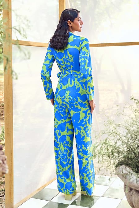 Pankaj & Nidhi Blue Crepe Collared Cleo Wide Leg Floral Print Jumpsuit Online at Aza Fashions Pankaj & Nidhi_Blue Crepe Collared Cleo Wide Leg Floral Print Jumpsuit _Online_at_Aza_Fashions