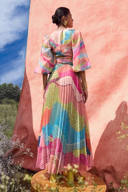 Pankaj & Nidhi Beige Chiffon Plunge Neck Dune Graphic Landscape Print Pleated Dress Online at Aza Fashions Pankaj & Nidhi_Beige Chiffon Plunge Neck Dune Graphic Landscape Print Pleated Dress _Online_at_Aza_Fashions