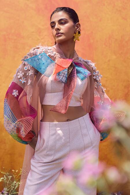 Buy_Pankaj & Nidhi_Beige Satin, Organza, Twill Embroidery Dune Landscape Print Cape And Pant Set _Online_at_Aza_Fashions