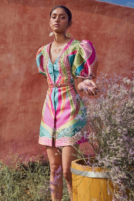 Buy Pankaj & Nidhi Beige Satin, Twill V-neck Dune Graphic Landscape Print Dress Online at Aza Fashions Buy_Pankaj & Nidhi_Beige Satin, Twill V-neck Dune Graphic Landscape Print Dress _Online_at_Aza_Fashions