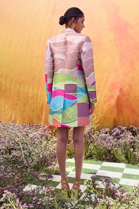 Shop_Pankaj & Nidhi_Beige Satin, Twill Dune Graphic Landscape Print Double Breasted Blazer _at_Aza_Fashions