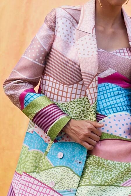 Pankaj & Nidhi_Beige Satin, Twill Dune Graphic Landscape Print Double Breasted Blazer _Online_at_Aza_Fashions