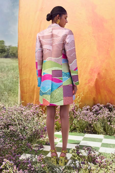 Shop Pankaj & Nidhi Beige Satin, Twill Off-shoulder Dune Double Breasted Blazer And Dress Set at Aza Fashions Shop_Pankaj & Nidhi_Beige Satin, Twill Off-shoulder Dune Double Breasted Blazer And Dress Set _at_Aza_Fashions