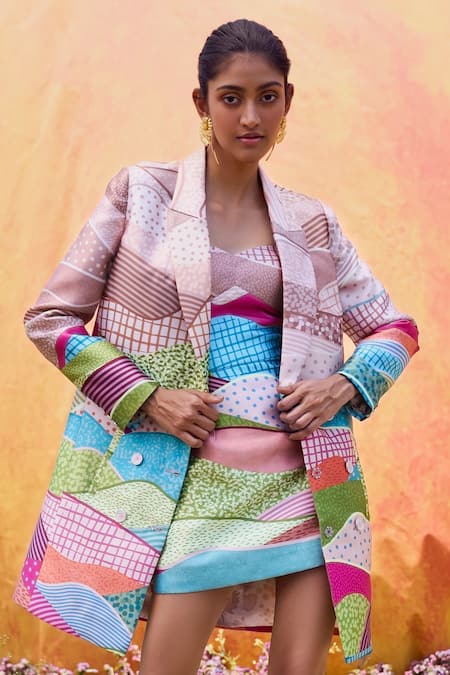 Pankaj & Nidhi Beige Satin, Twill Off-shoulder Dune Double Breasted Blazer And Dress Set Online at Aza Fashions Pankaj & Nidhi_Beige Satin, Twill Off-shoulder Dune Double Breasted Blazer And Dress Set _Online_at_Aza_Fashions