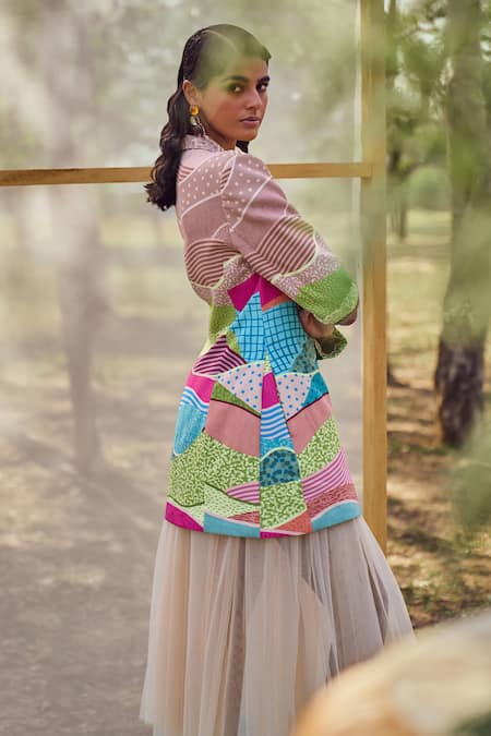 Pankaj & Nidhi_Beige Crepe Dune Graphic Landscape Print Tailored Blazer _Online_at_Aza_Fashions