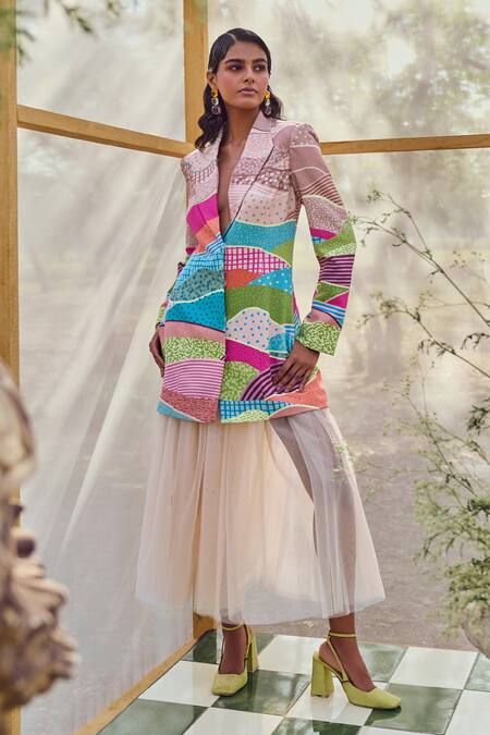 Buy_Pankaj & Nidhi_Beige Crepe Dune Graphic Landscape Print Tailored Blazer _Online_at_Aza_Fashions