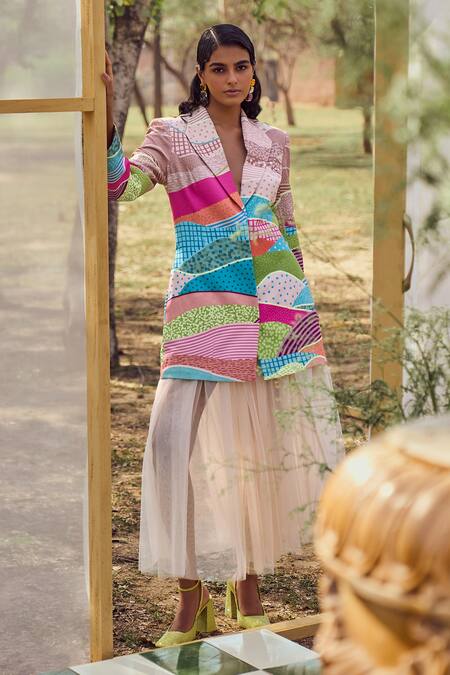 Shop_Pankaj & Nidhi_Beige Crepe Dune Graphic Landscape Print Tailored Blazer _Online_at_Aza_Fashions