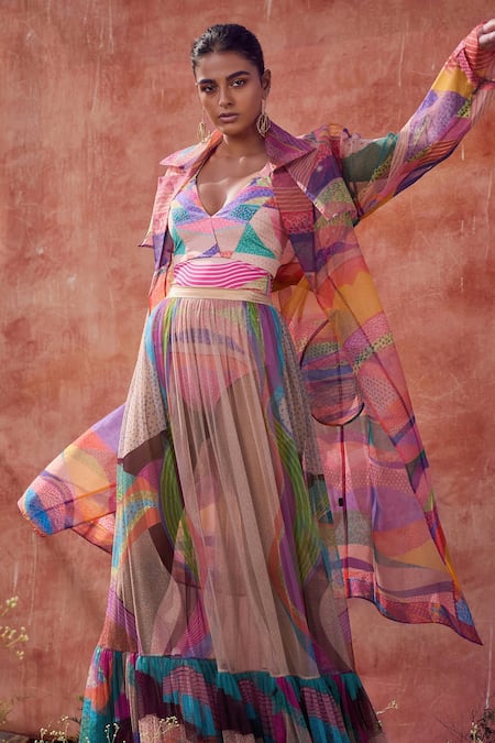 Pankaj & Nidhi_Beige Jersey, Tulle, Organza Iris Printed Trench Coat And Sheer Maxi Skirt Set _Online_at_Aza_Fashions