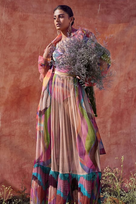 Buy_Pankaj & Nidhi_Beige Jersey, Tulle, Organza Iris Printed Trench Coat And Sheer Maxi Skirt Set _Online_at_Aza_Fashions