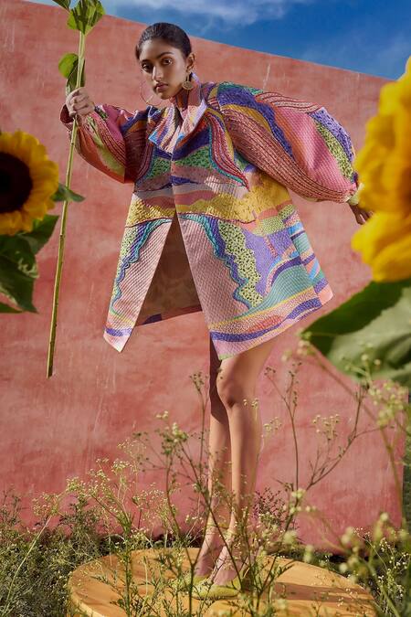 Buy_Pankaj & Nidhi_Purple Satin, Jersey Embroidery Collared, Iris Oversized Jacket And Bodysuit Set _Online_at_Aza_Fashions