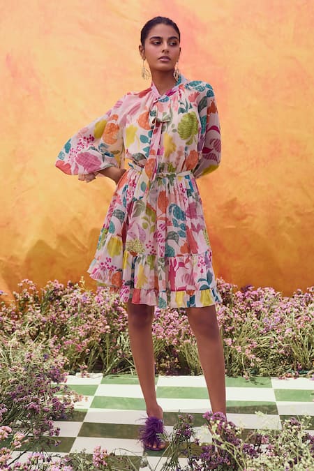 Pankaj & Nidhi Ivory Chiffon Printed Floral Tie-up Joyce Tiered Dress 