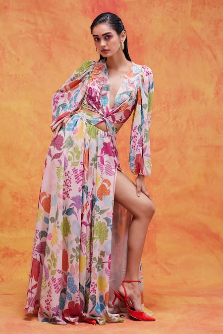 Pankaj & Nidhi Ivory Chiffon Printed Floral V Neck Joyce Cut-out Dress 