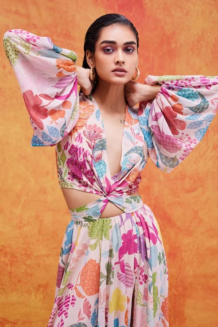 Buy_Pankaj & Nidhi_Ivory Chiffon Embroidery V-neck Joyce Printed Cut-out Dress _Online_at_Aza_Fashions