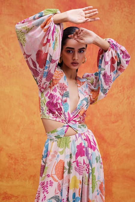 Shop_Pankaj & Nidhi_Ivory Chiffon Embroidery V-neck Joyce Printed Cut-out Dress _Online_at_Aza_Fashions