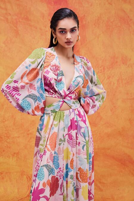 Pankaj & Nidhi_Ivory Chiffon Embroidery V-neck Joyce Printed Cut-out Dress _at_Aza_Fashions