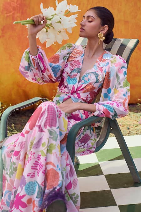 Buy_Pankaj & Nidhi_Ivory Chiffon Embroidery V-neck Joyce Printed Cut-out Dress 