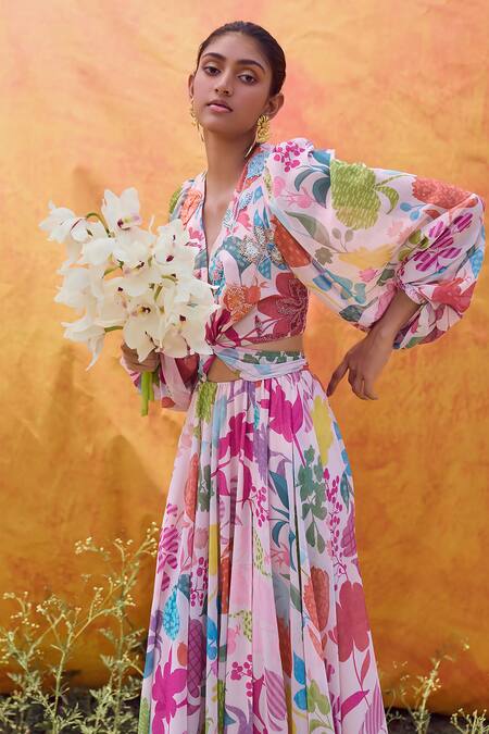 Shop_Pankaj & Nidhi_Ivory Chiffon Embroidery V-neck Joyce Printed Cut-out Dress 