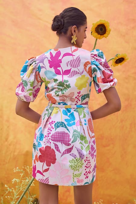 Pankaj & Nidhi_Ivory Satin V-neck Joyce Vivid Floral Print Dress _Online_at_Aza_Fashions