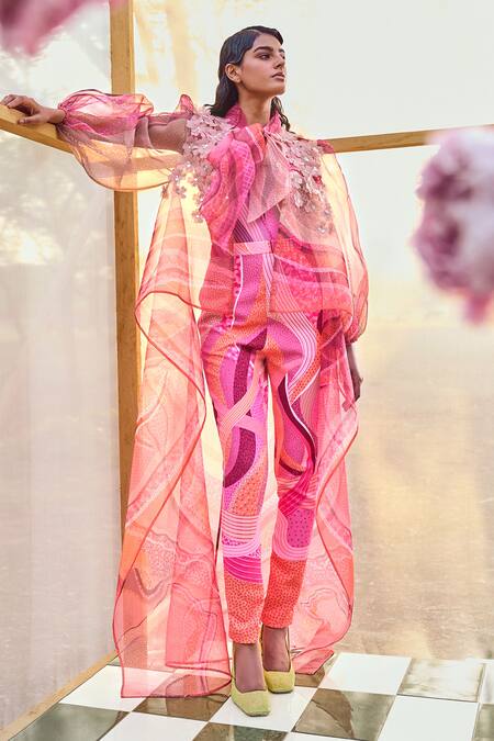Buy_Pankaj & Nidhi_Pink Organza, Crepe Turtle Neck Willa High Low Sheer Cape And Pant Set _Online_at_Aza_Fashions
