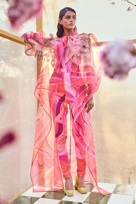 Shop_Pankaj & Nidhi_Pink Organza, Crepe Turtle Neck Willa High Low Sheer Cape And Pant Set _Online_at_Aza_Fashions