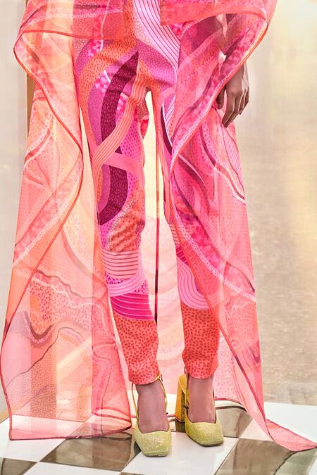 Pankaj & Nidhi_Pink Organza, Crepe Turtle Neck Willa High Low Sheer Cape And Pant Set _at_Aza_Fashions