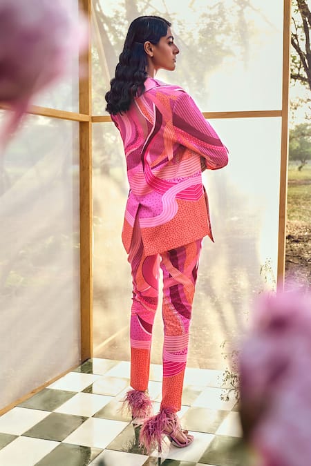 Pankaj & Nidhi_Pink Crepe Piping, Feathers Mediterranean Mosaic Blazer And Pant Set _Online_at_Aza_Fashions