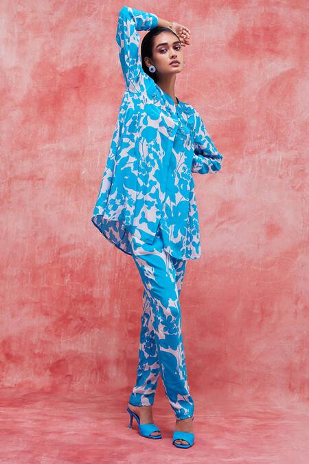 Shop Pankaj & Nidhi Blue Silk, Crepe Sequins, Beads Mandarin Collar Cleo Flower Print Tunic Online at Aza Fashions Shop_Pankaj & Nidhi_Blue Silk, Crepe Sequins, Beads Mandarin Collar Cleo Flower Print Tunic _Online_at_Aza_Fashions