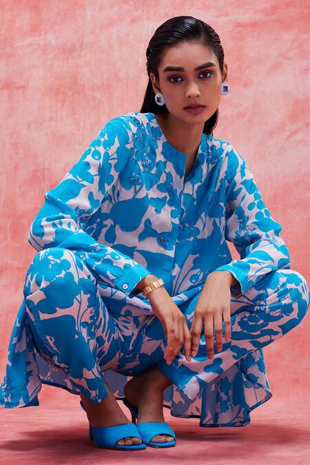 Pankaj & Nidhi Blue Silk, Crepe Sequins, Beads Mandarin Collar Cleo Flower Print Tunic at Aza Fashions Pankaj & Nidhi_Blue Silk, Crepe Sequins, Beads Mandarin Collar Cleo Flower Print Tunic _at_Aza_Fashions