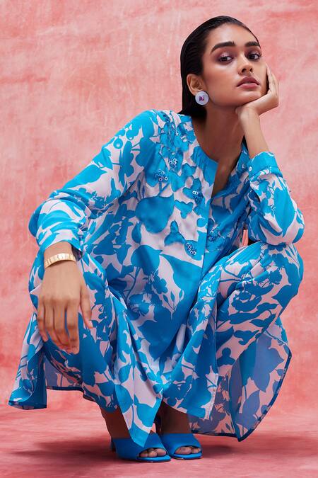 Buy Pankaj & Nidhi Blue Silk, Crepe Sequins, Beads Mandarin Collar Cleo Flower Print Tunic Buy_Pankaj & Nidhi_Blue Silk, Crepe Sequins, Beads Mandarin Collar Cleo Flower Print Tunic