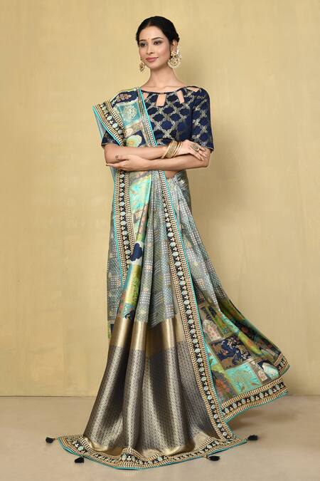 Buy_Samyukta Singhania_Green Denim, Silk Embroidery Bandhani And Mughal Pattern Saree With Running Blouse_Online_at_Aza_Fashions