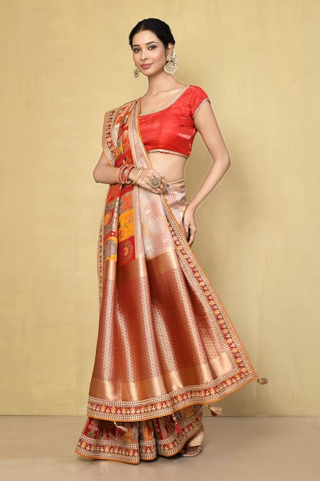 Buy_Samyukta Singhania_Beige Denim, Silk Embroidery Bandhani And Mughal Pattern Saree With Running Blouse_Online_at_Aza_Fashions