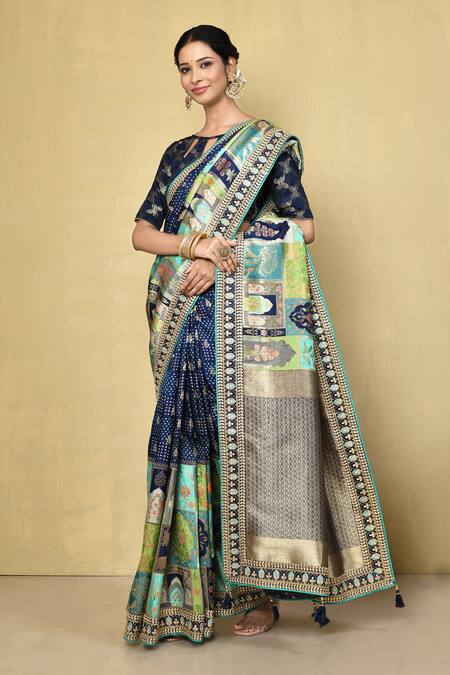 Buy_Samyukta Singhania_Blue Denim, Silk Embroidery Mughal And Bandhani Woven Saree With Running Blouse_Online_at_Aza_Fashions