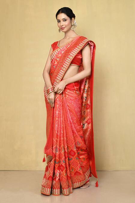 Buy_Samyukta Singhania_Red Silk Embroidery Botanic Woven Saree With Running Blouse_Online_at_Aza_Fashions