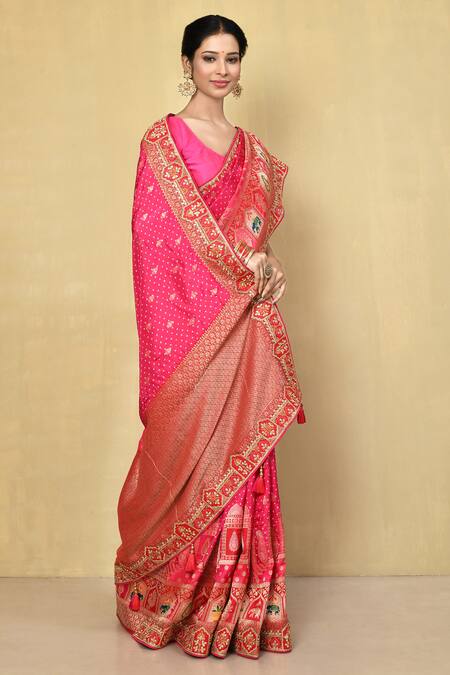 Buy_Samyukta Singhania_Purple Gingham, Silk Embroidery Bandhani Print Saree With Running Blouse_Online_at_Aza_Fashions