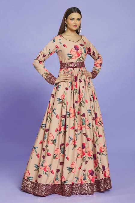 Fancy Neck Pattern Green Color Flower Printed Anarkali Gown – Vastra Shop