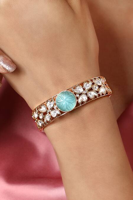 Hrisha Gold Plated Crystals, Pearls Onyx Carved Stone Embellished Bracelet