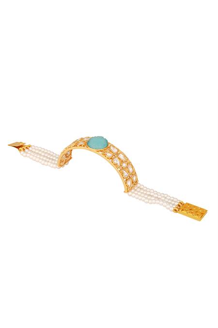 Hrisha_Gold Plated Crystals, Pearls Onyx Carved Stone Embellished Bracelet_Online_at_Aza_Fashions