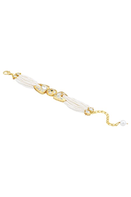 HRISHA Cream Crystals, Pearls Kediya Moti Embellished Bracelet Online at Aza Fashions HRISHA_Cream Crystals, Pearls Kediya Moti Embellished Bracelet _Online_at_Aza_Fashions