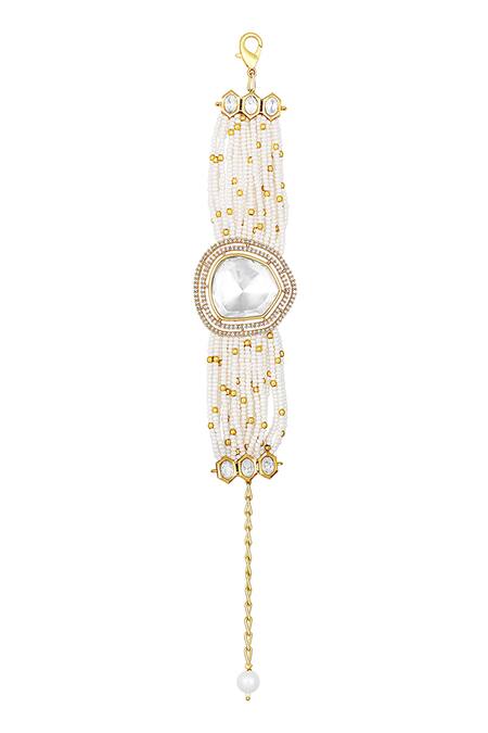 Shop HRISHA Gold Plated Crystals, Beads Moissanite Kundan Embellished Bracelet at Aza Fashions Shop_HRISHA_Gold Plated Crystals, Beads Moissanite Kundan Embellished Bracelet _at_Aza_Fashions
