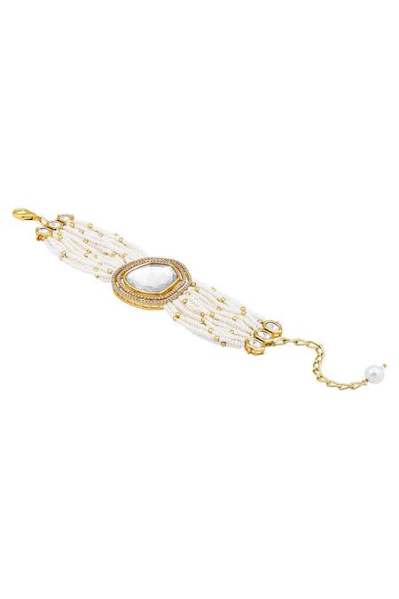 HRISHA Gold Plated Crystals, Beads Moissanite Kundan Embellished Bracelet Online at Aza Fashions HRISHA_Gold Plated Crystals, Beads Moissanite Kundan Embellished Bracelet _Online_at_Aza_Fashions