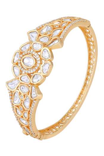 HRISHA_Gold Plated Diamonds, Crystals Kundan Polki Embellished Floral Cutwork Bracelet_Online_at_Aza_Fashions