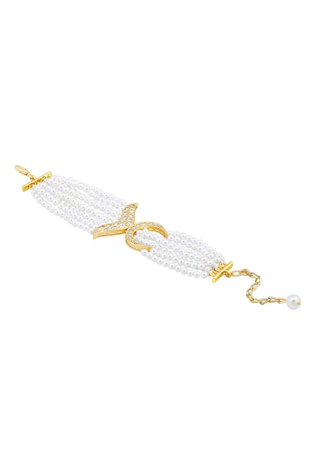 HRISHA Gold Plated Crystals, Beads Kediya Moti Embellished Bracelet Online at Aza Fashions HRISHA_Gold Plated Crystals, Beads Kediya Moti Embellished Bracelet _Online_at_Aza_Fashions