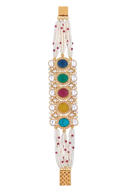 Shop_HRISHA_Gold Plated Crystals Onyx Stone Embellished Bracelet _at_Aza_Fashions
