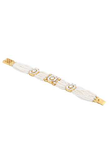 HRISHA_Gold Plated Mother Of Pearl, Kundan Polki, Kediya Moti Embellished Bracelet_Online_at_Aza_Fashions