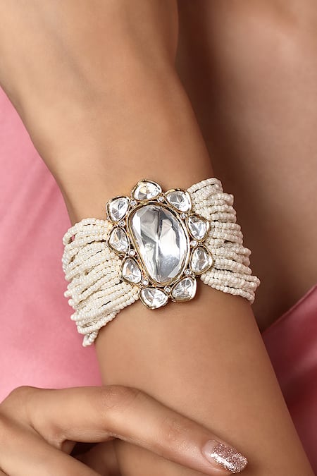 HRISHA Gold Plated Diamonds, Crystals Kundan Polki And Agate Embellished Bracelet 