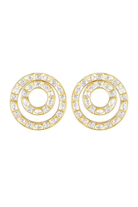 Shop HRISHA Gold Plated Crystals, Diamonds Cubic Zirconia Embellished Earrings at Aza Fashions Shop_HRISHA_Gold Plated Crystals, Diamonds Cubic Zirconia Embellished Earrings _at_Aza_Fashions