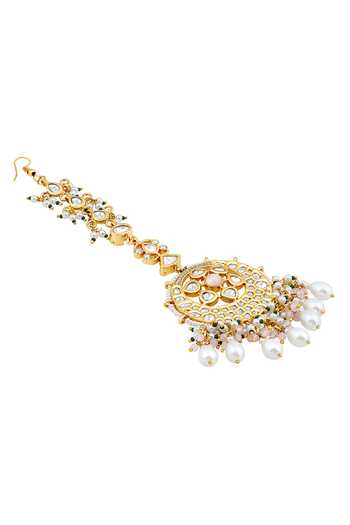 HRISHA_Gold Plated Floral Crescent Polki Studded Maagtikka_Online_at_Aza_Fashions