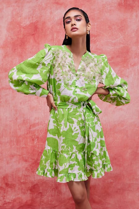 Pankaj & Nidhi Green Linen Printed Floral Mandarin Collar Cleo Tiered Dress 