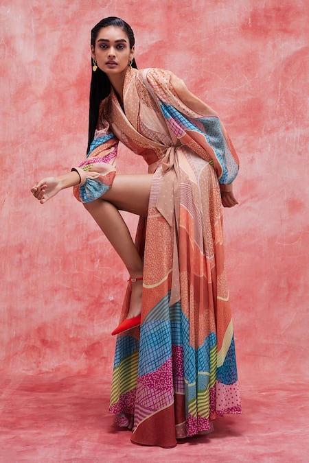 Buy Pankaj & Nidhi Beige Chiffon Cut Work, Embroidery Collared Dune Breezy Printed Wrap Dress Online at Aza Fashions Buy_Pankaj & Nidhi_Beige Chiffon Cut Work, Embroidery Collared Dune Breezy Printed Wrap Dress _Online_at_Aza_Fashions