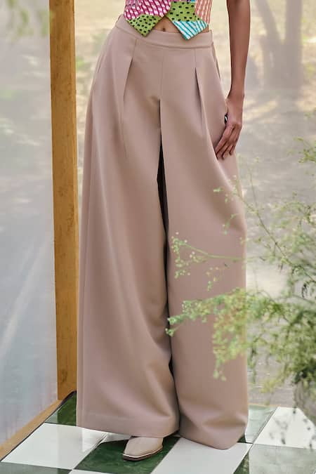 Buy_Pankaj & Nidhi_Beige Crepe Cut Work V-neck Wren Embroidered Waistcoat And Trouser Set _Online_at_Aza_Fashions